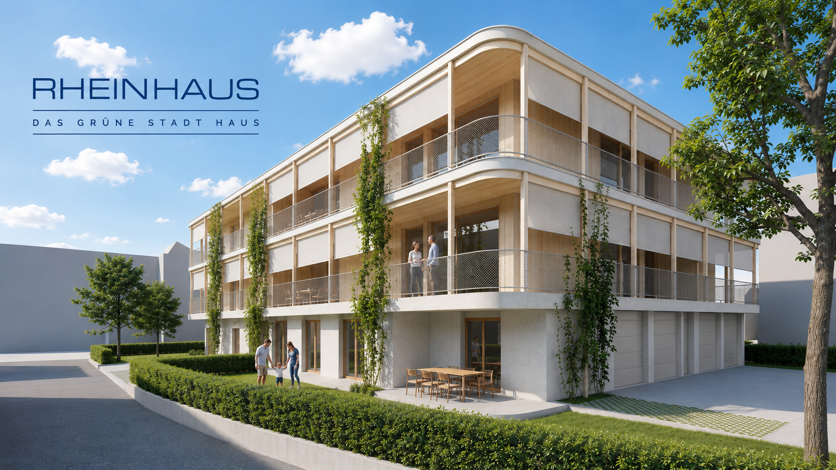 Rheinhaus Triesen – Ansicht Ostseite mit hellen Fassaden, Loggien und Begrünung